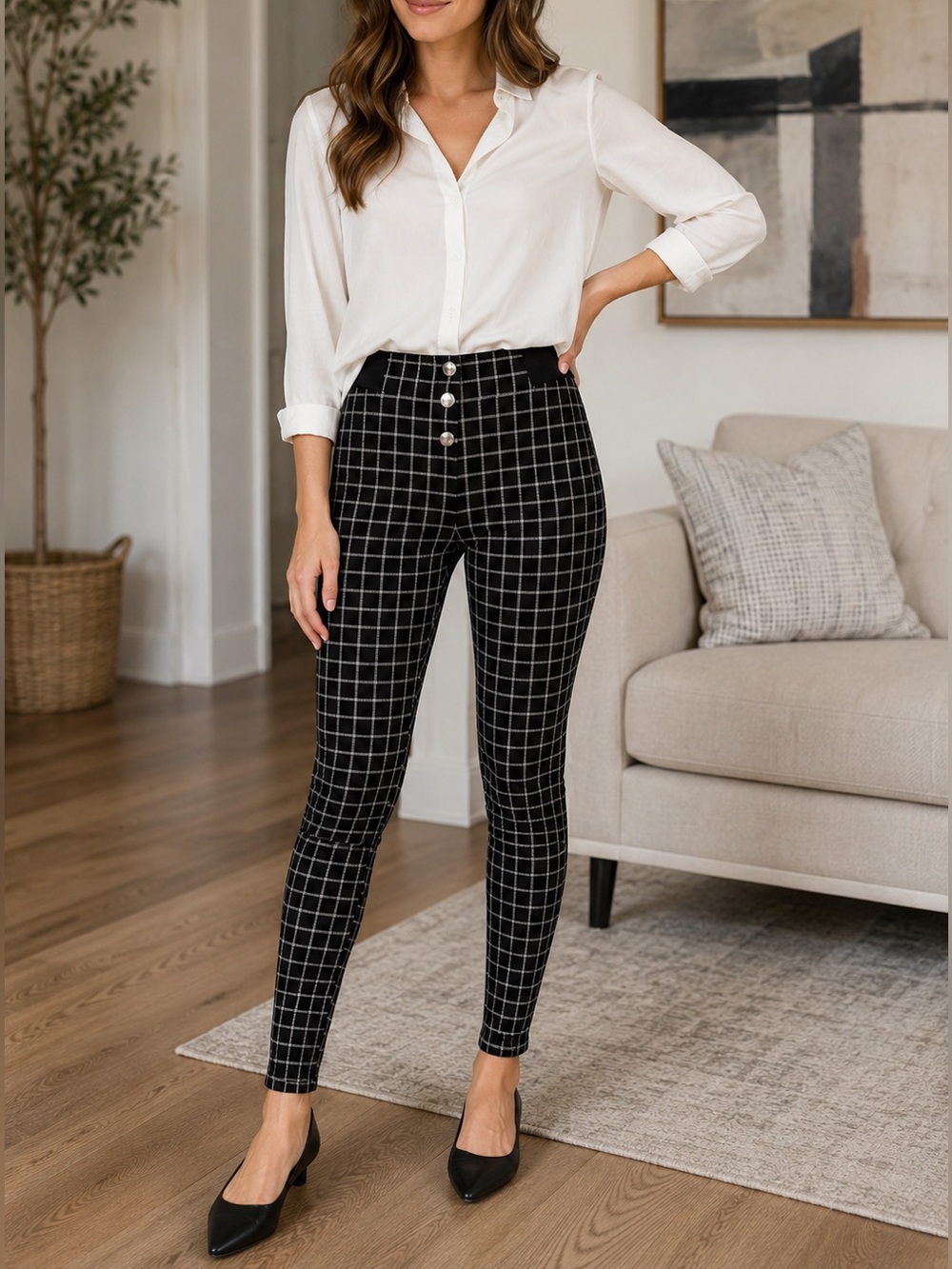 LOFT Windowpane Plaid Skinny Pants NWT Medium Pull On Black White